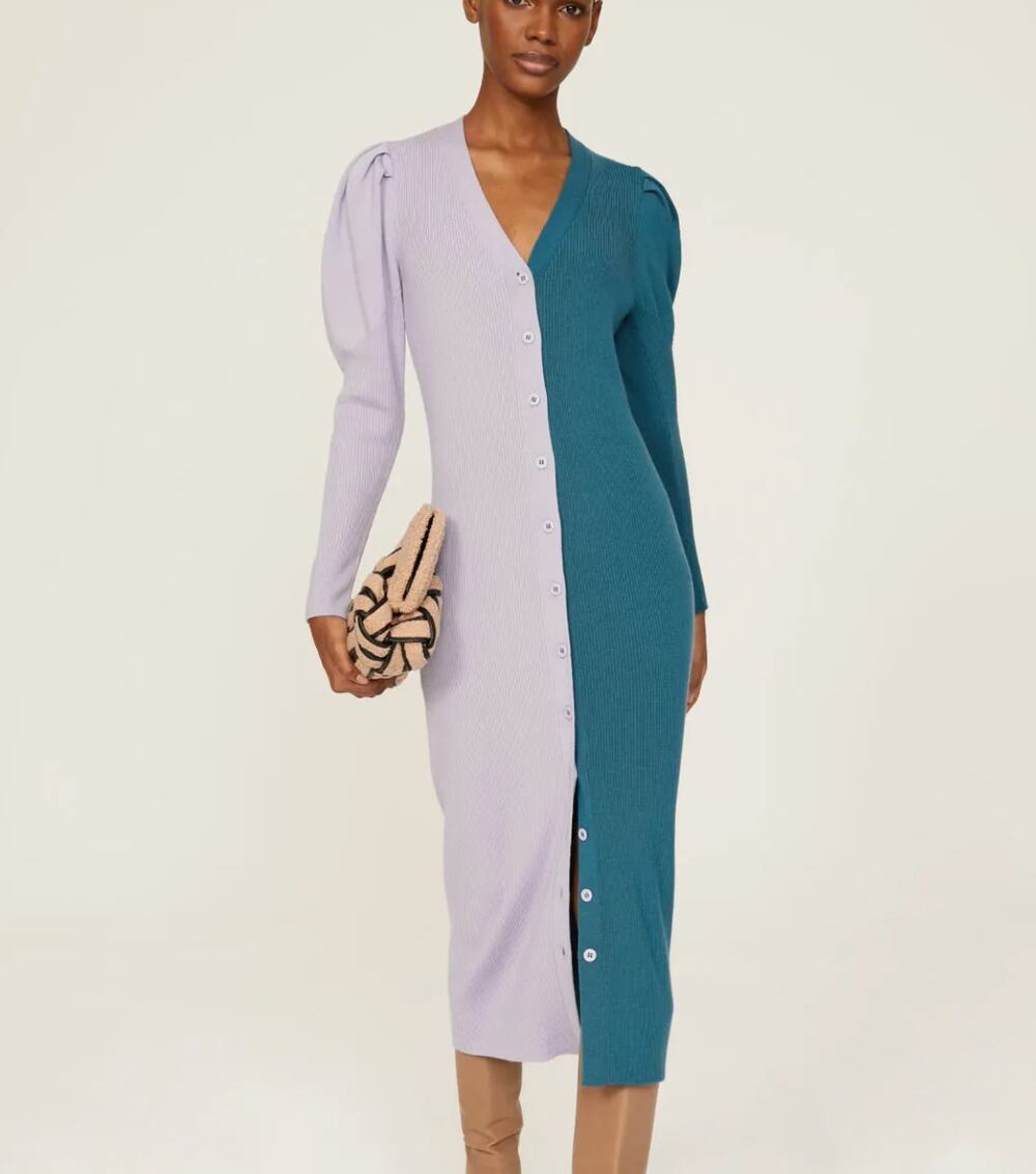 Busayo Cardigan Knit Midi Dress LARGE Ribbed Sweater Lavender Duster Wool $360